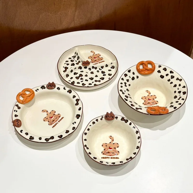 Leopard Print Cat Ceramic Tableware Home Dessert Bowls Rice Noodle Soup Bowls Dinner Plate Dish Set Exquisite Kitchen Tableware