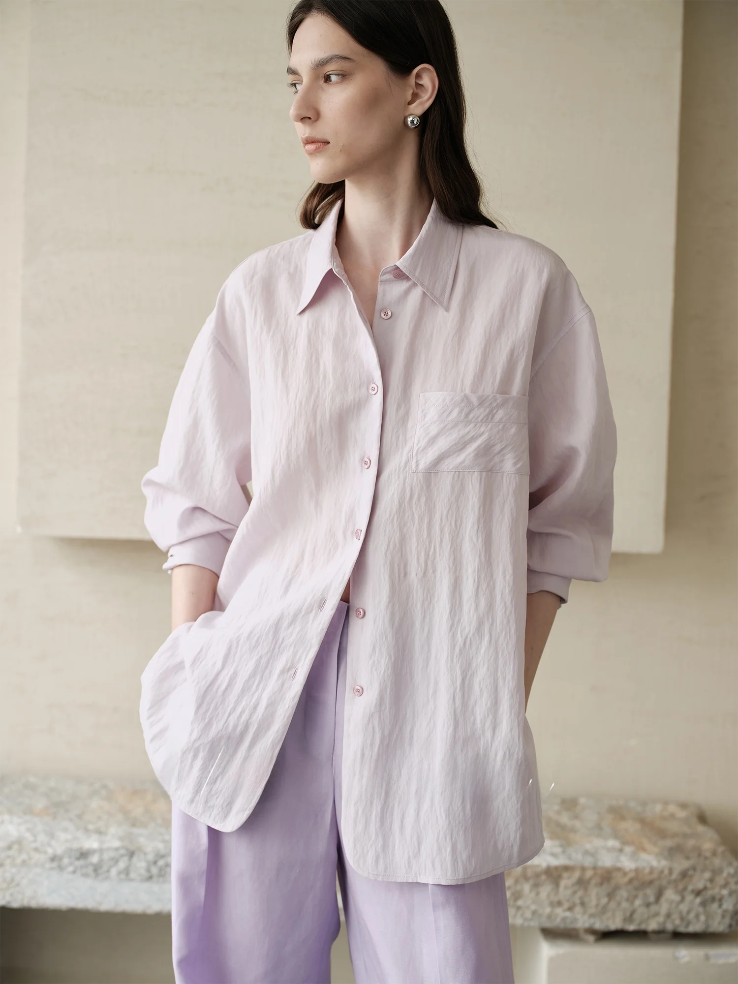 

Soft Light Lavender Classic Loose Shirt Cool Ram Lyocell Texture Women's Business Casual Fashion Breathable Thin Long Sleeve