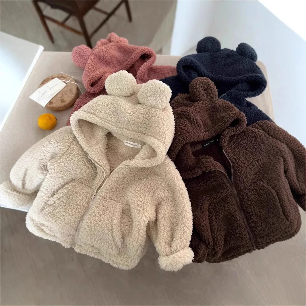

2025 Winter New Children Long Sleeve Plush Coat Plus Velvet Thick Baby Girls Warm Hooded Cardigan Kids Boys Solid Zipper Jacket