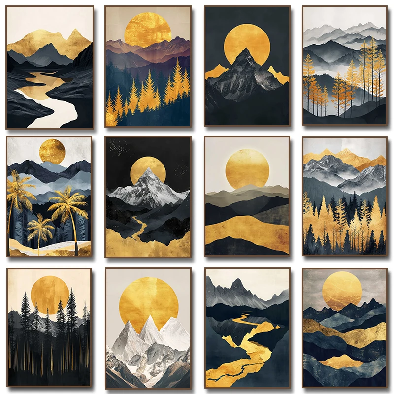 Abstract Nature Landscape Gold Moon Mountain River Poster Luxury Palm Tree Forest Canvas Painting Print Wall Art Home Decor