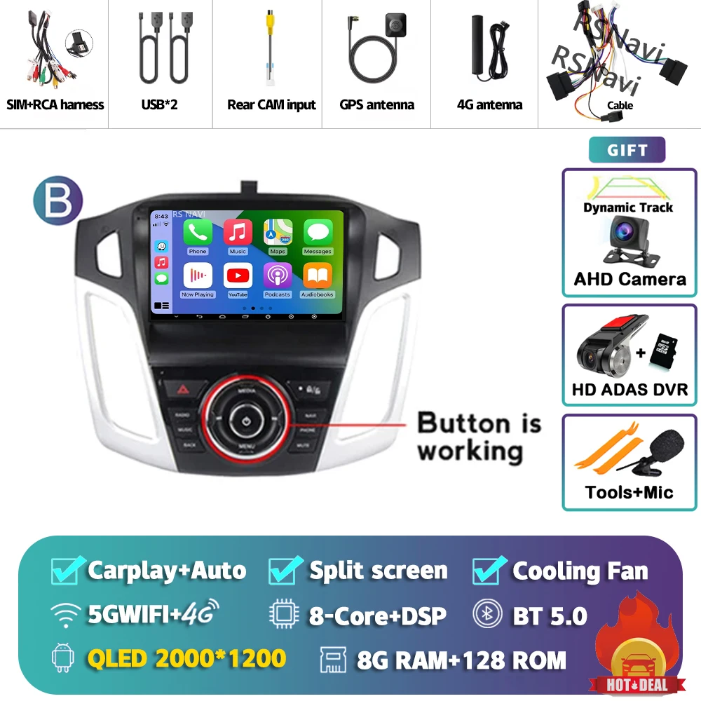 Android 15 Carplay Auto Autoradio Multimedia Speler voor Ford Focus 3 2011-2019 Autoradio Wifi+4G DSP GPS Stereo 2din Head Unit