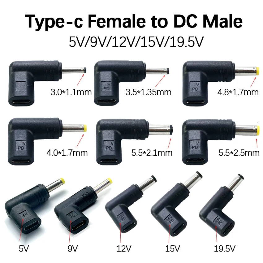 1 Stück 5V 9V 12V 15V 19,5V DC 3,0*1,1 3,5*1,35 4,8*1,7 4,0*1,7 5,5*2,1 5,5*2,5 mm Buchse Typ-C zu DC Stromladeadapter – Detail 1