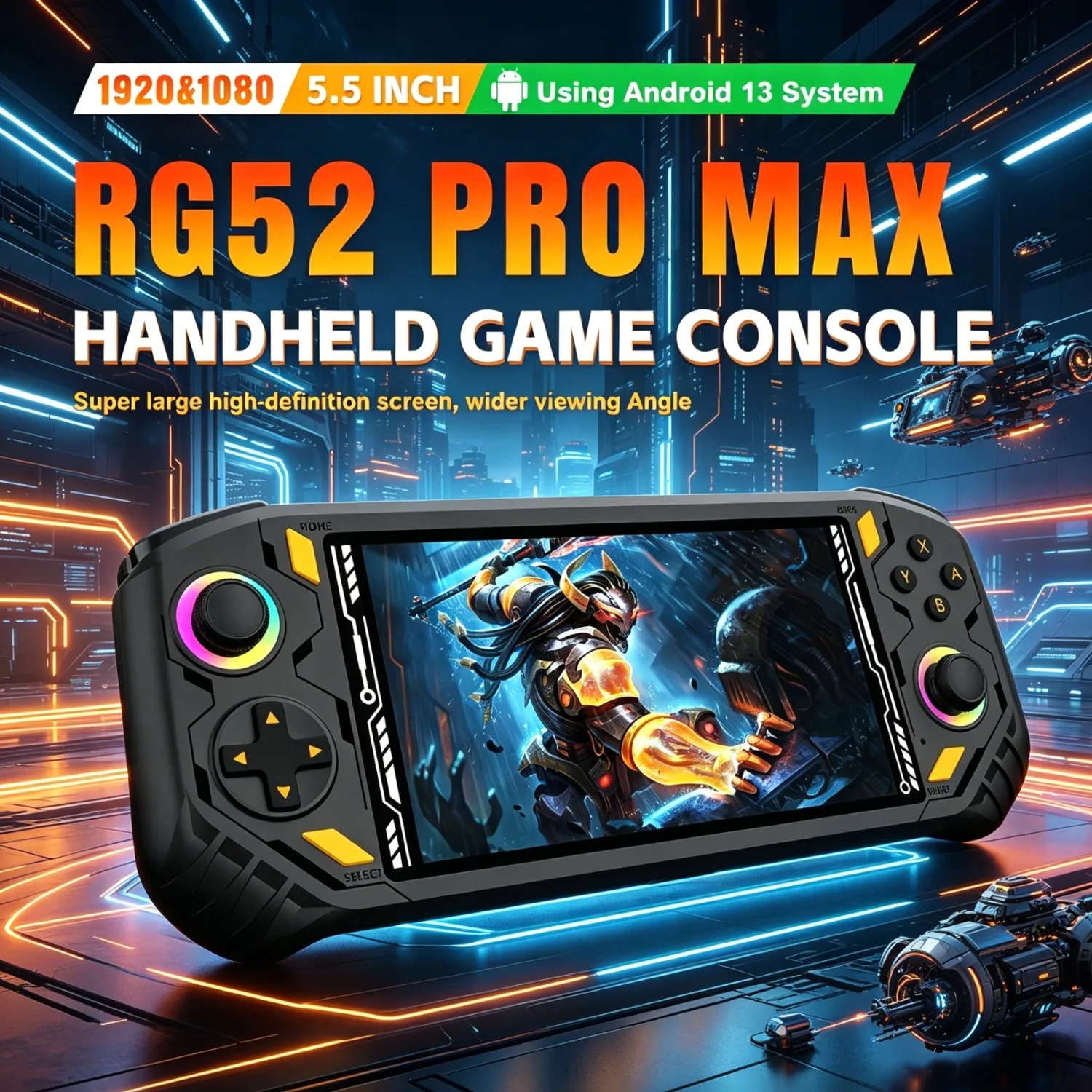 جهاز ألعاب محمول AISLPC RG52 Pro Max بشاشة IPS 5.5 بوصة، نظام أندرويد 13، واي فاي ثنائي النطاق، بلوتوث 5.0، ذاكرة 6 جيجابايت + 128 جيجابايت، يدعم ألعاب PSP وPS2