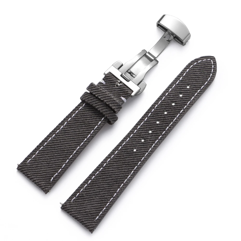 Denim-Segeltuch-Uhrenarmband Leder-Uhrenband 18mm 20mm 22mm für Seiko für Rolex mit Schmetterlingsverschluss für Herren Damen Sportgürtel