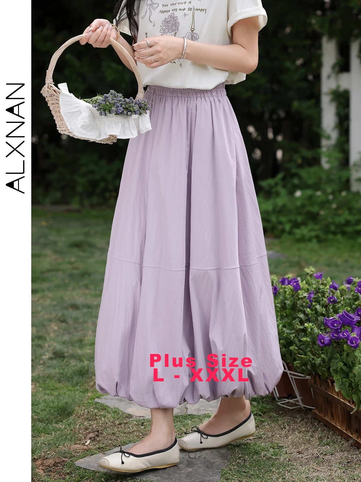 ALXNAN Plus Size Purple Skirt Women 2026 Long Elegant Flower Bud Skirt A-line Loose-fit Elastic Waist Ladies Clothing New D10585