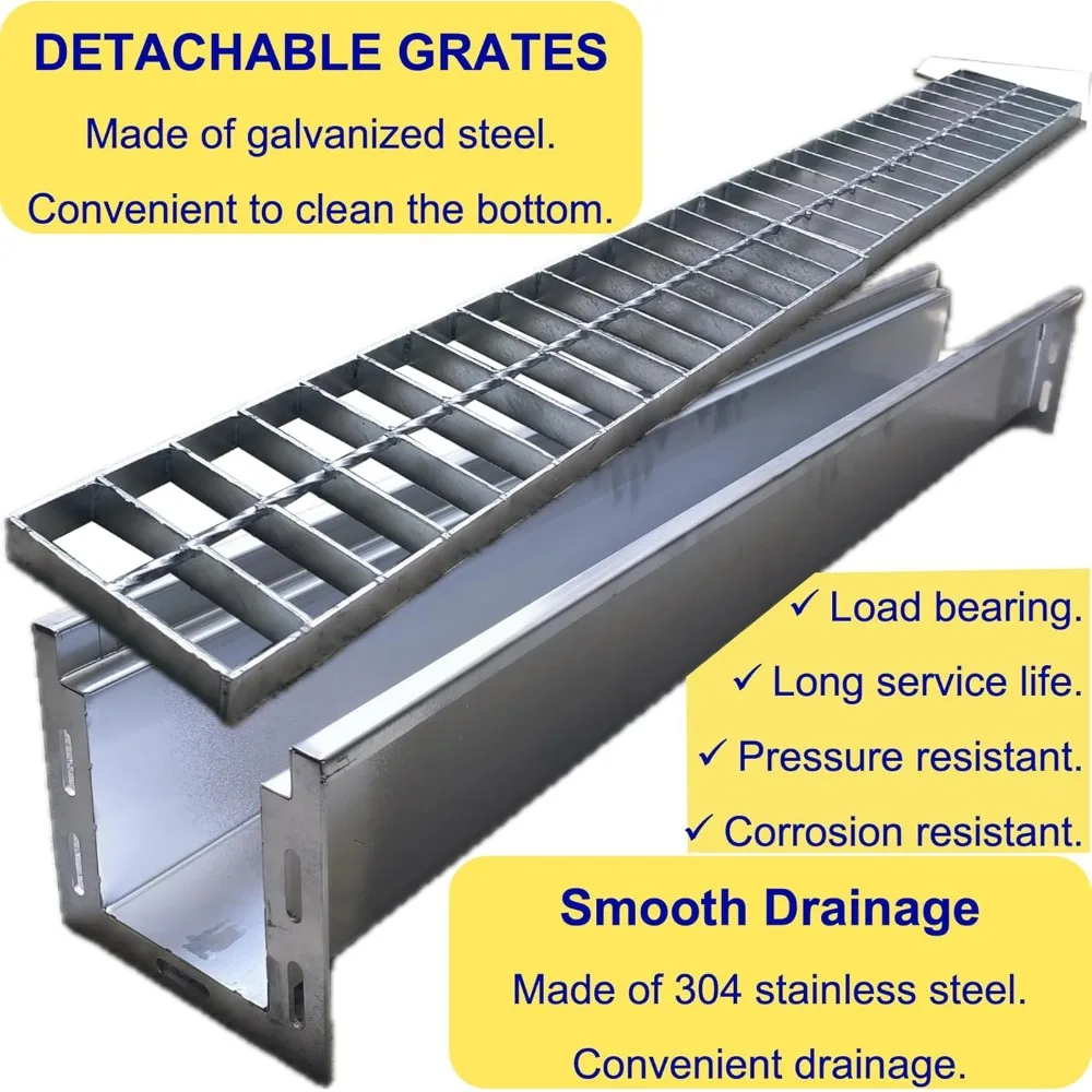 تصريف قناة من الفولاذ المقاوم للصدأ مع شبكة فولاذية مجلفنة، 39.4 × 5.9 × 5.5 بوصة، طقم لـ 3 أنابيب، شديدة التحمل، نظام تصريف B125