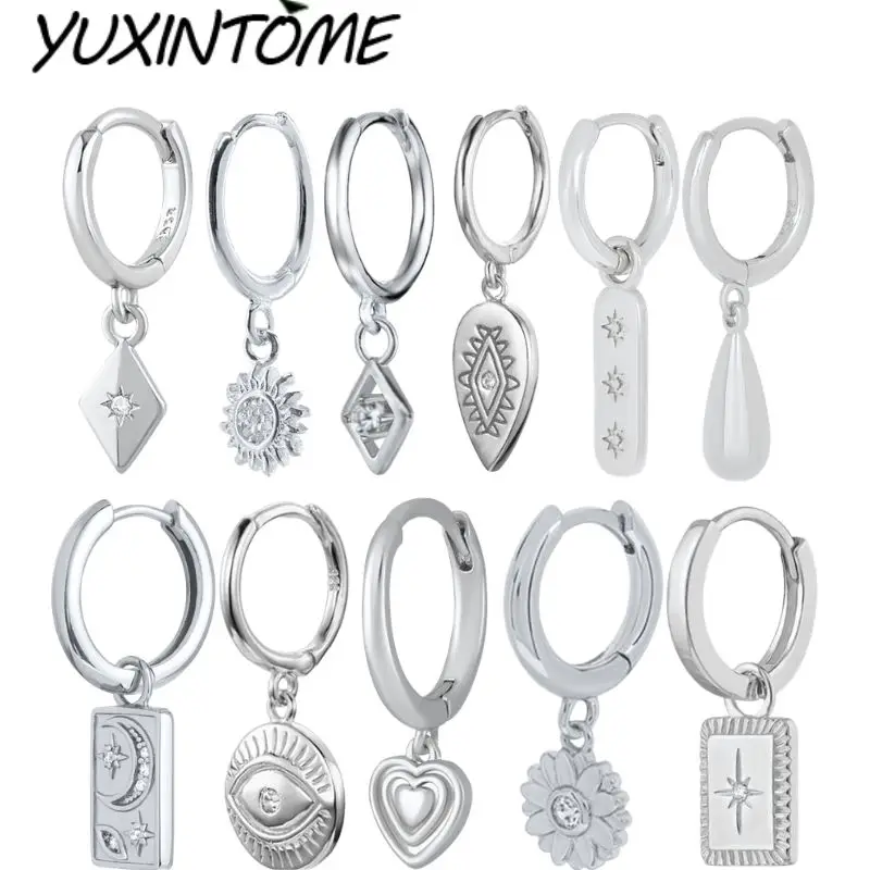 925 Sterling Silver Needle Aloof Geometric Design Silver Series Retro Women Hoop Earrings Pendant Classic Fashion Ear Jewelry