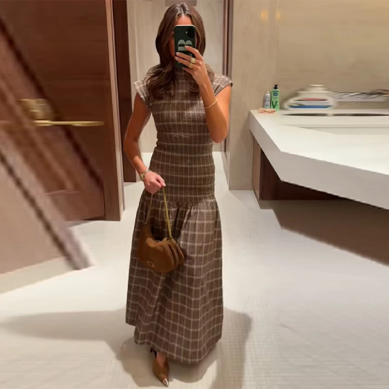 Vintage xadrez midi vestido smocked corpete manga boné em camadas design retro xadrez fino ajuste feminino escritório chique outono commuter wear