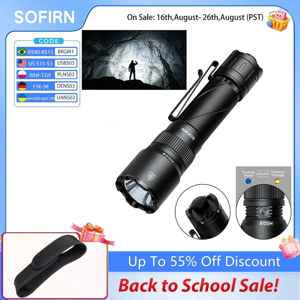 Lanterna Tática SOFIRN SK31 6800LM com Controle de Três Botões, Alcance de 395M, Recarregável via USB-C, IPX8 para Busca ao Ar Livre