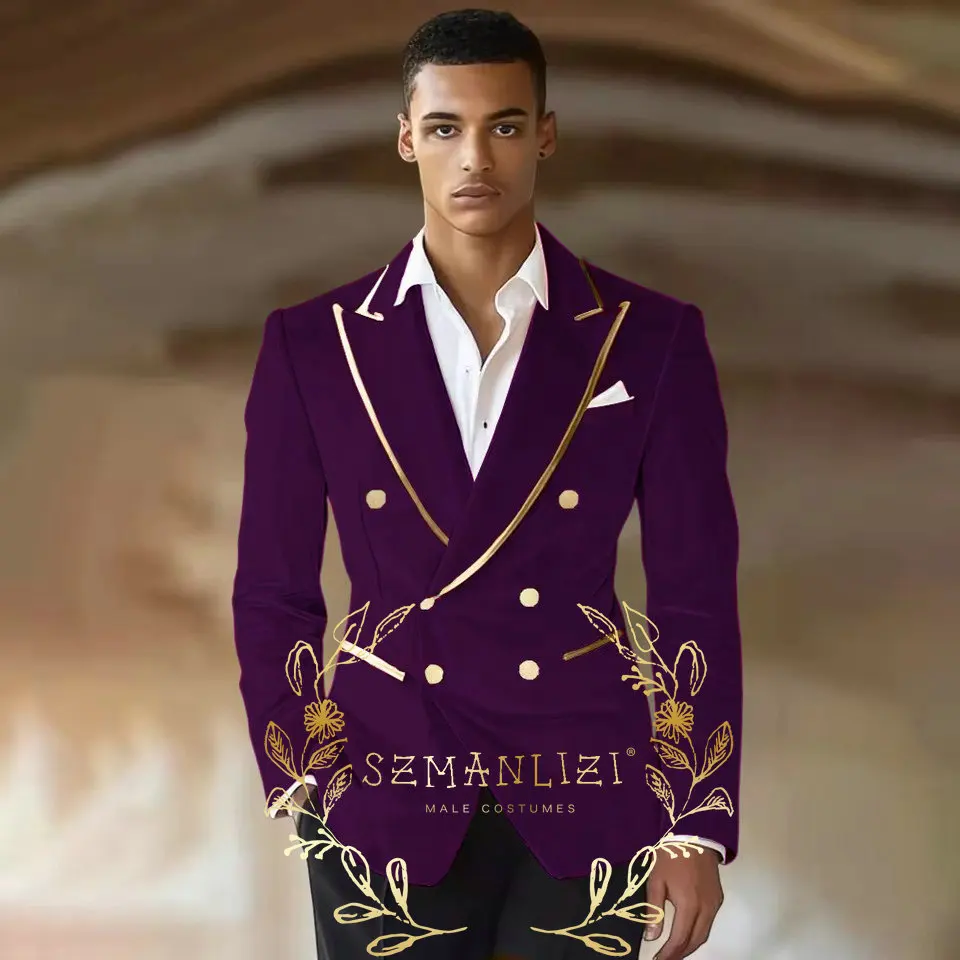 Men Velvet Suits 2-piece Set Double Breasted Royal Blue Jacket Black Pants Slim Fit For Wedding Prom Groom Party Custom Tuxedos
