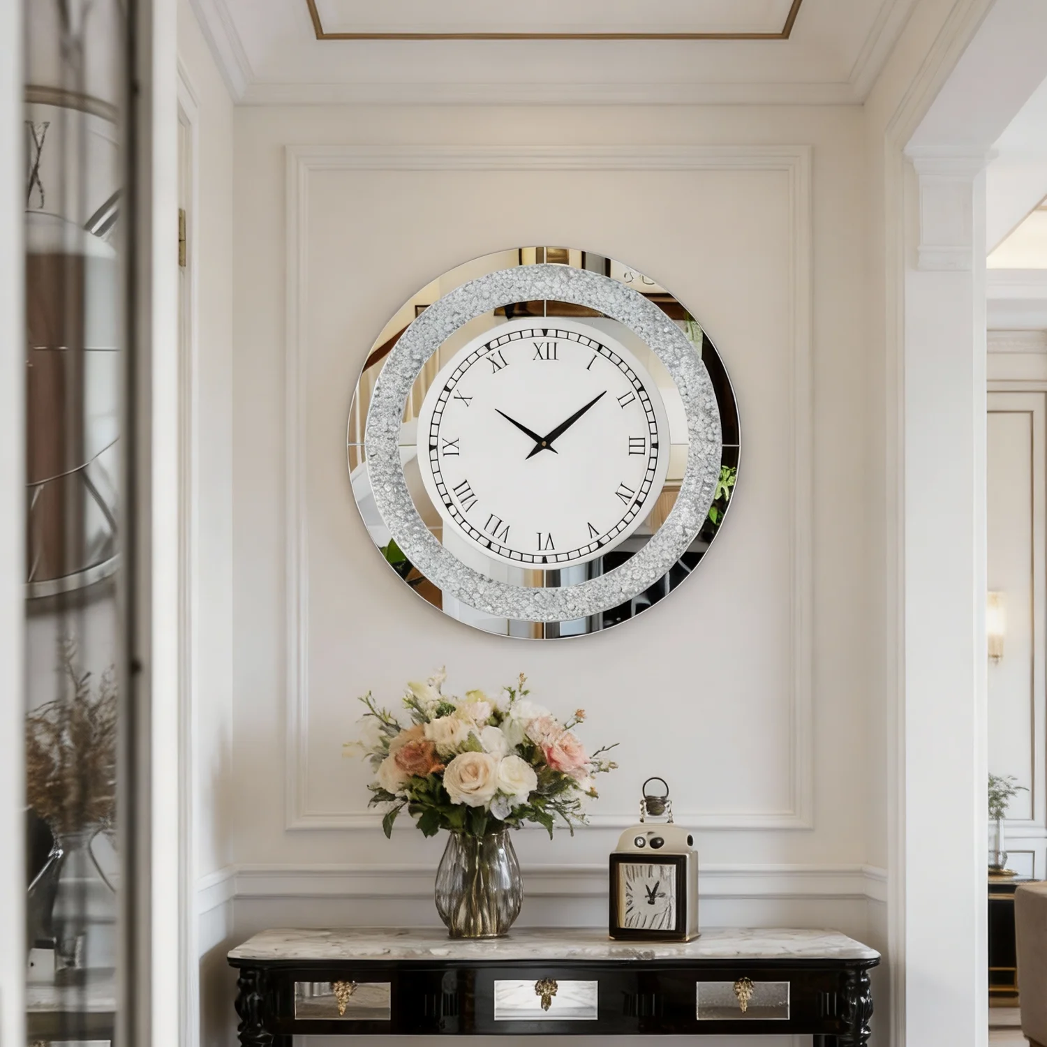 60/80CM Glitzernde Silberne Runde Spiegeluhr Glamouröse Funkelnde Schimmernde Verspiegelte Wanduhr für Wohnraumdekoration