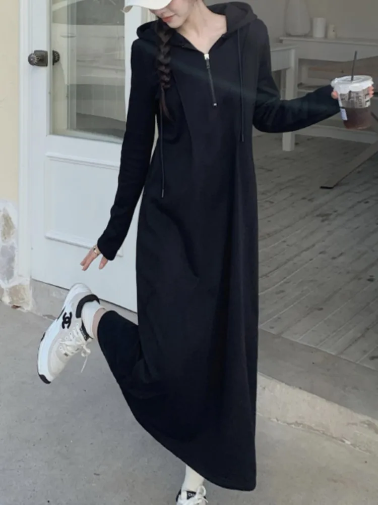حجم كبير فستان بكم طويل المرأة الخريف كوريا النساء فساتين السيدات رداء Elbise فضفاض مقنعين فستان امرأة Vestidos
