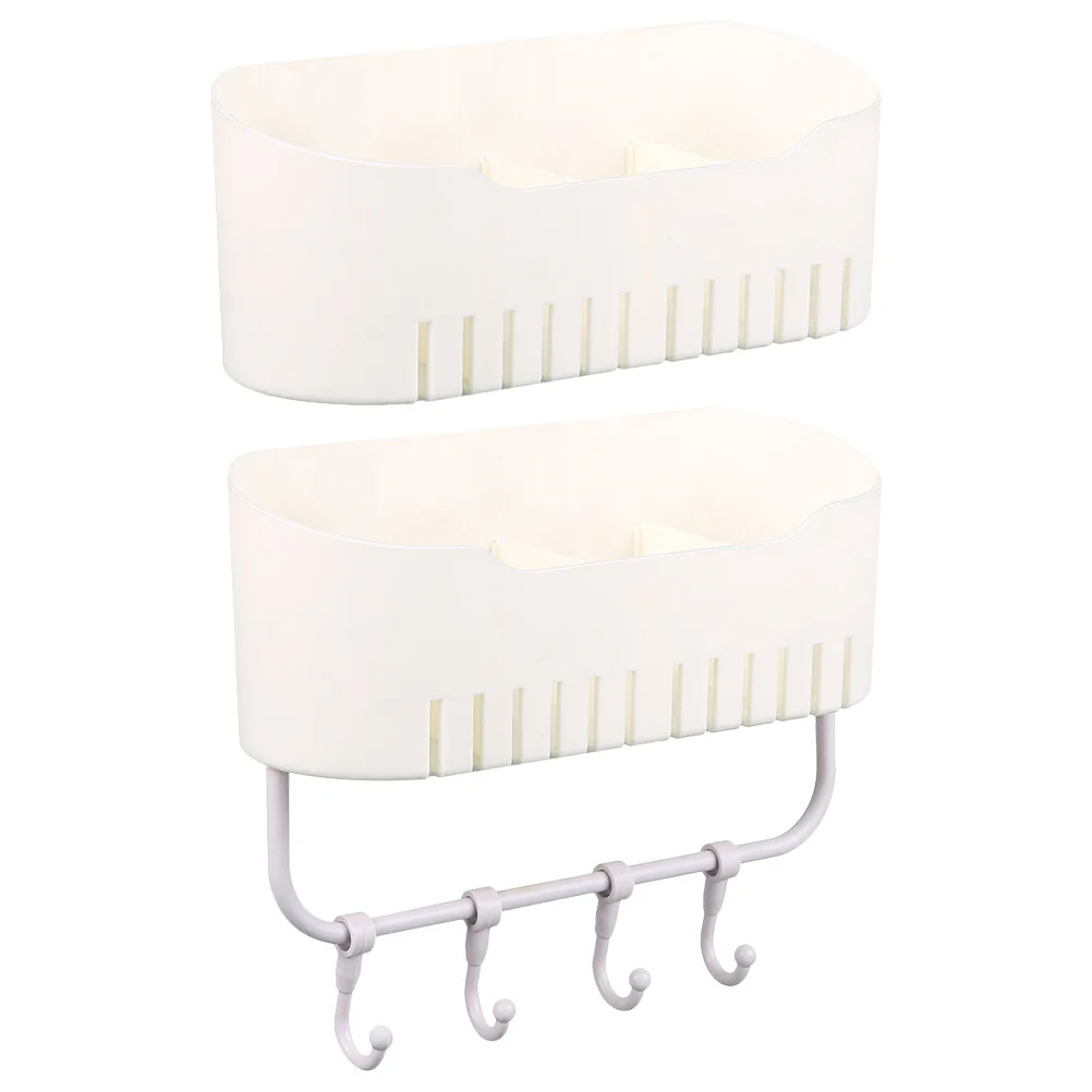 

2Pcs Bathroom Storage Organizer Box Wall Mounted Shower Rack Draining Design Shower Storage Rack Hook Holder for Makeup