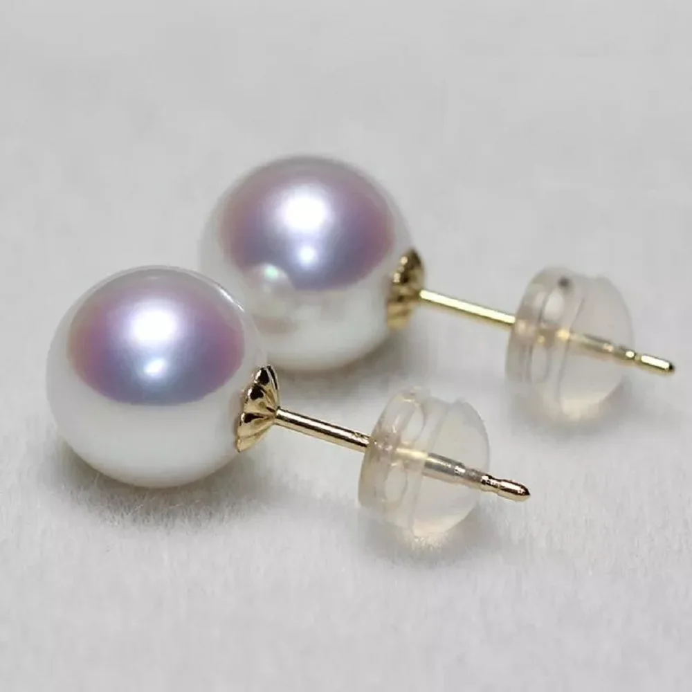 

AAAA 7-8mm Round Natural Akoya White Pearl Earrings 18K Gold/AU750 8-9mm 9-10mm