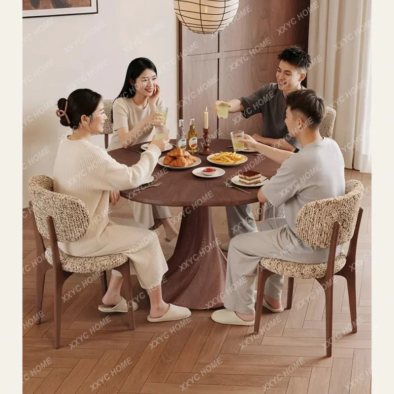 Vintage-style solid wood dining table, round small apartment, fully supported solid wood home round table