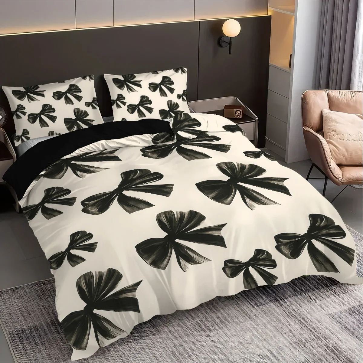3pcs Black Bow Print Coreless Bedding Set Multiple Sizes Suitable for Bedrooms and Dormitories, Comfortable and Machine Washable