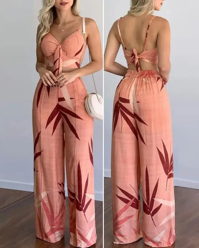 Summer New Women\'s Suit Sexy Sleeveless Backless Womens Outfits Leaf Print Crop Top & Wide Leg Pants Set Long Pants 2 Piece Sets