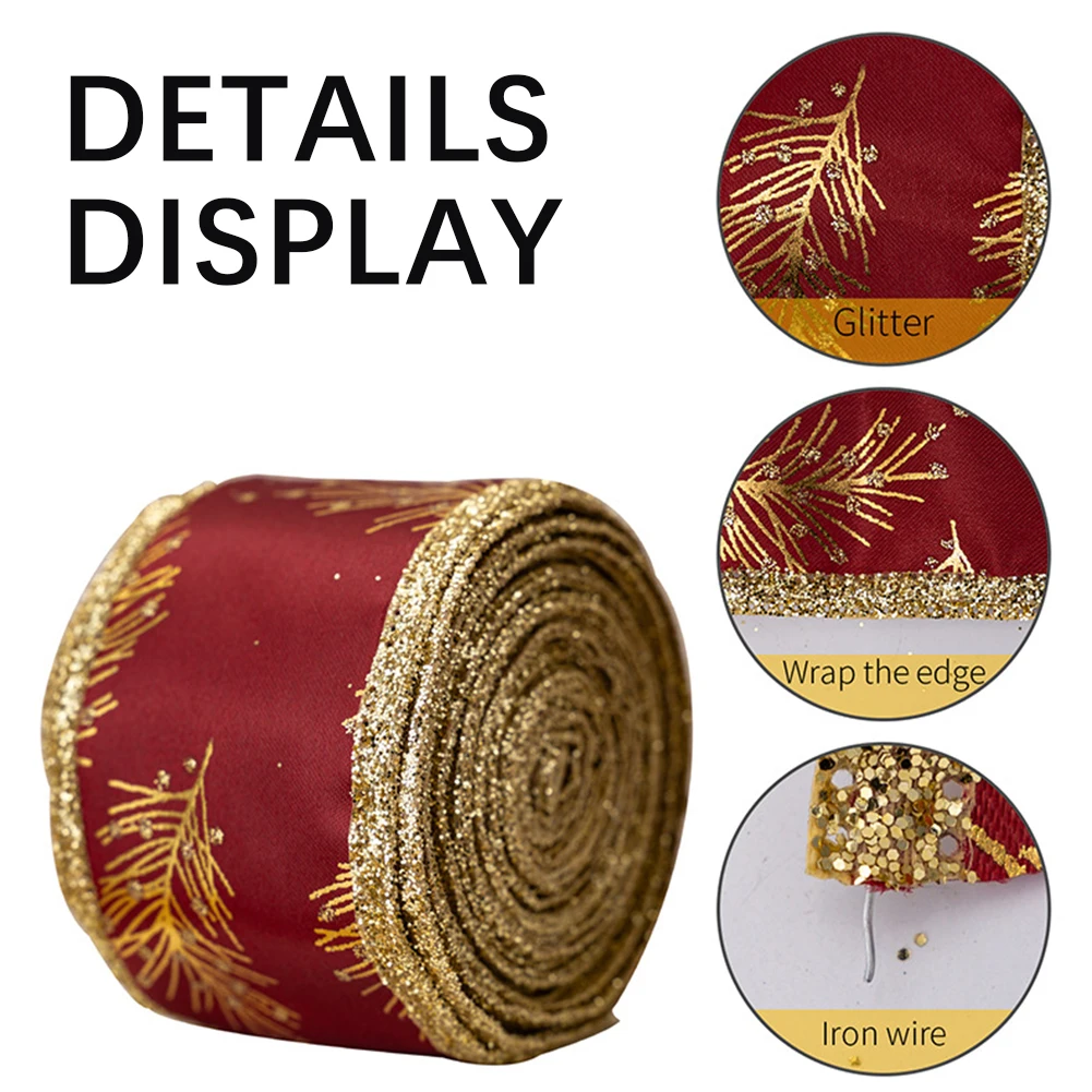 Christmas Wired Ribbons Delicate Gold Leaves Pattern Ribbons Gift Wrap Bow Handmade DIY Craft Christmas Wedding Party Decoration