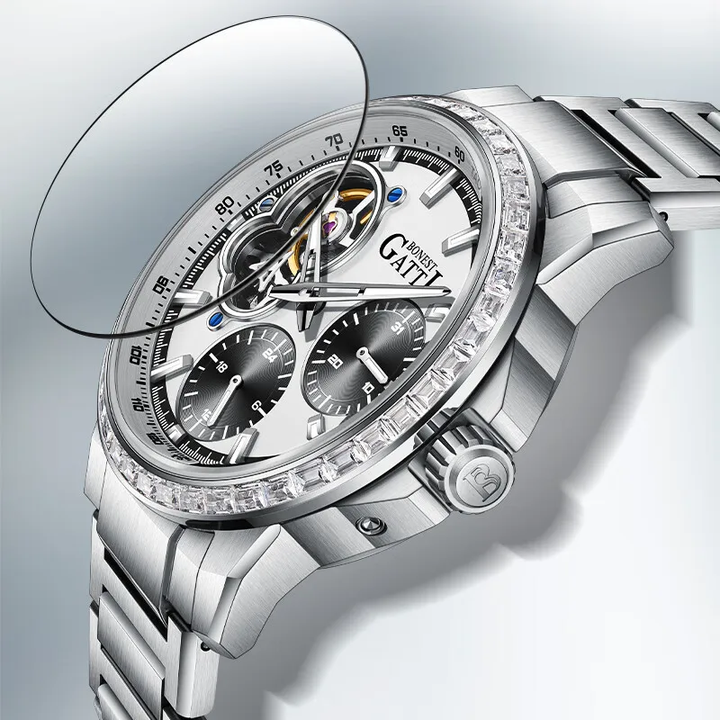 BONEST GATTI Men Automatic Watch 42mm Mechanical Wristwatch Sapphire Glass Luminous Crystal Bezel 24 Hours Skeleton Dial