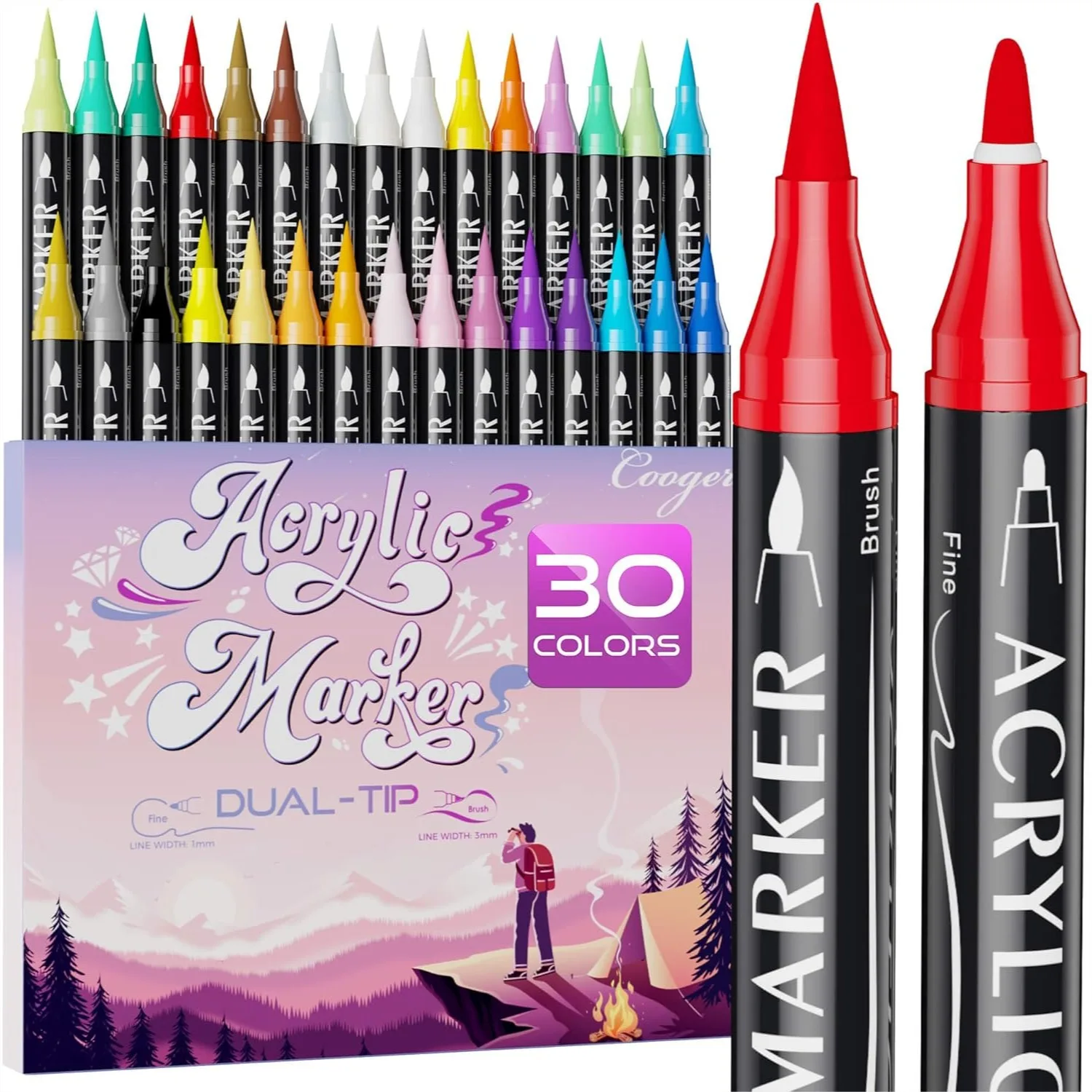 

30 Colors Dual Tip Acrylic Paint Markers, Fine & Brush Tip Permanent Pens for Rock, Canvas, Wood, Glass, Ceramic, Fabric
