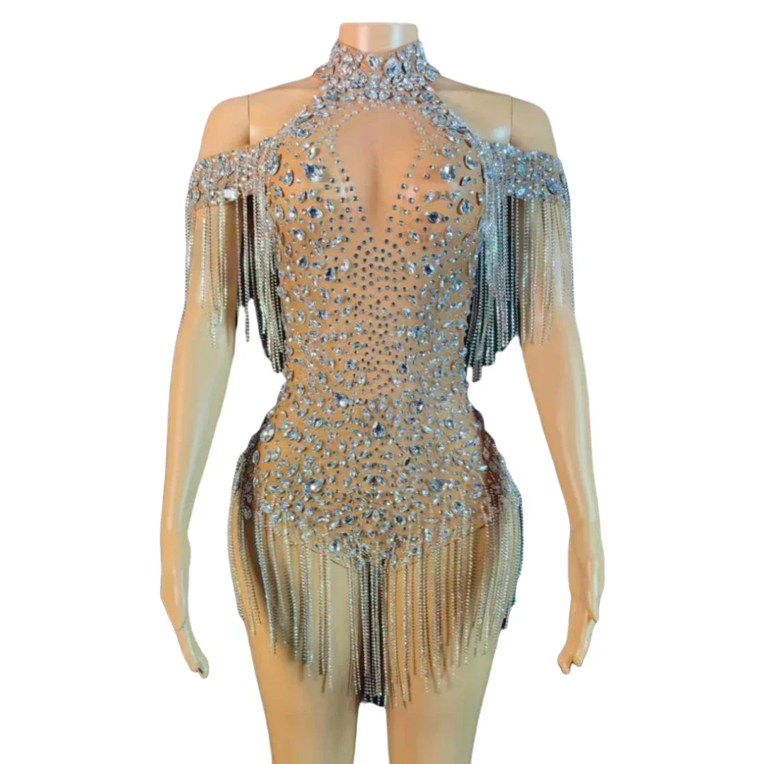 

Luxury Glitter Drill Chain Rhinestone Women Bodysuits Birthday Prom Ballroom Nightclub Stage Wear Drag Queen Costume Photography