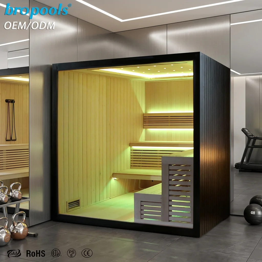 Luxury Modern Far Infrared Sauna Room 4-6 Person Low EMF Full Spectrum Red Light Therapy Hemlock Wood Control Panel Bropool