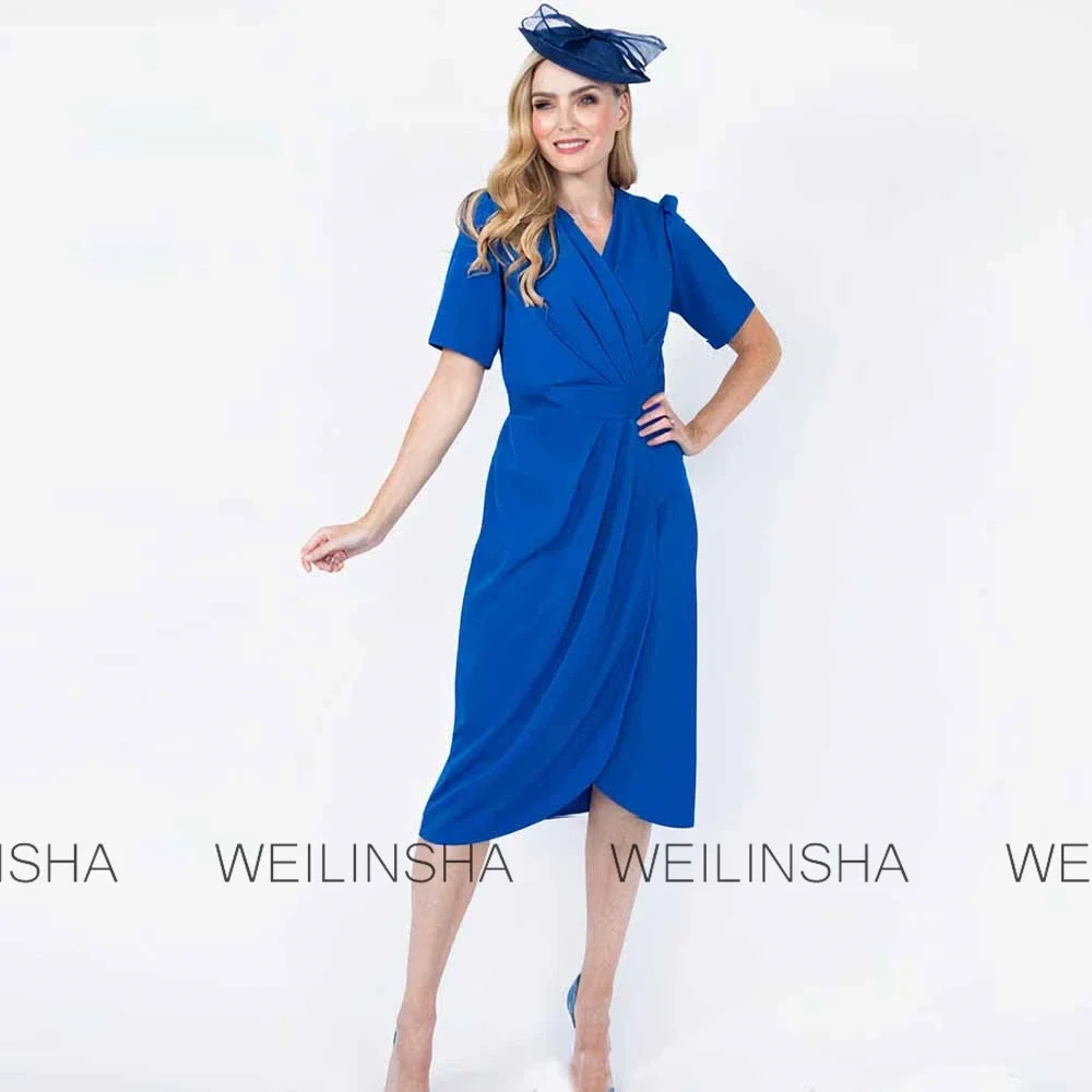 Customized Class  Mother of the Bride Dress Crepe Fabric Sheath/Column  Royal Blue V-neck Pleat Criss-Cross room's Mother Gown