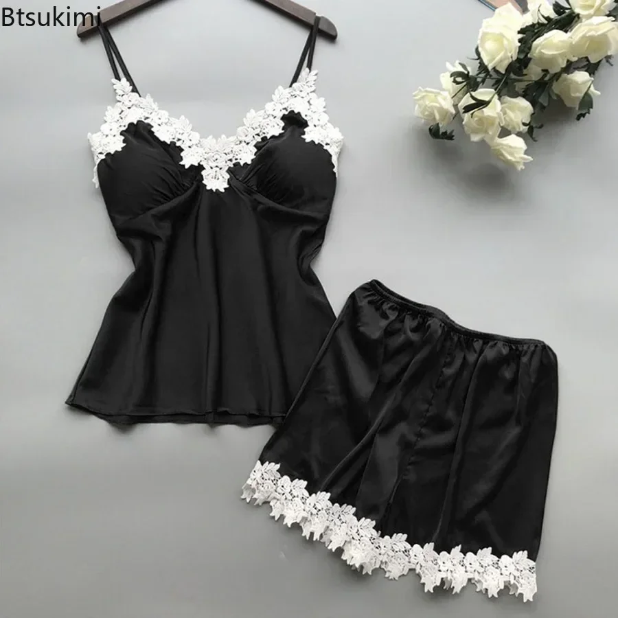 Women's Sexy Pajama Sets Fashion Lace Suspender Nightgown Two Pieces Summer Cool Sling Top with Shorts Soft Lounge Homewear Suit