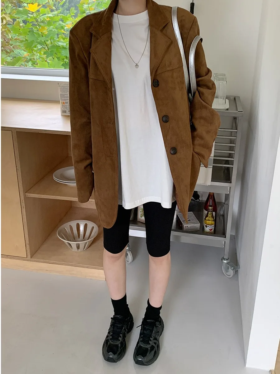 Casaco Casual Versátil de Manga Longa em Suede Sintético Estilo Retro Chic para Mulheres Outono Inverno Ajuste Solto Estilo E...