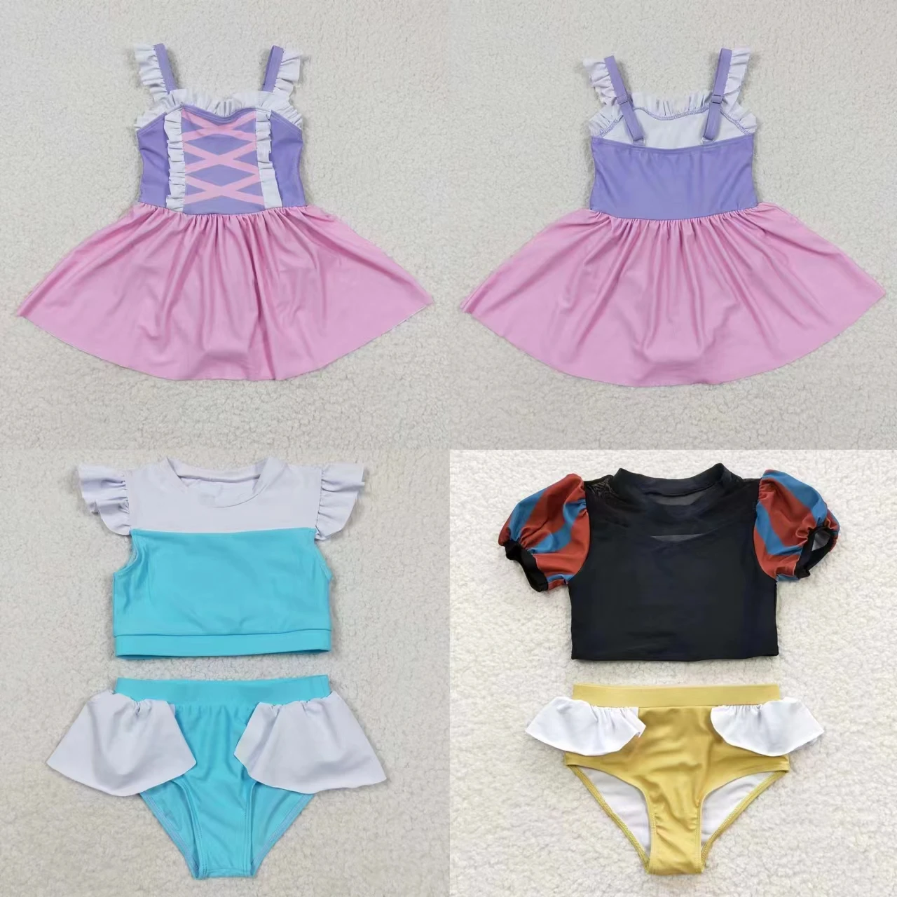 

Wholesale Baby Girl Summer Princess Short Sleeves Bikini Swimsuit Outfit Kid Bummie Ruffle Shorts Swimwear Infant Toddler Set