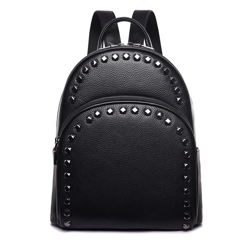 

2024 New Fashion Genuine Leather Rivet Women Backpacks Luxury Brand Female Real Natural Leather Girl Student Casual Backpack