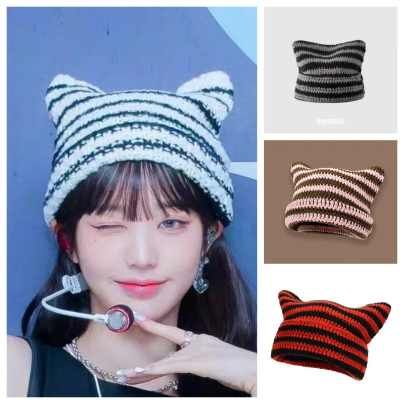 Little Devil Horn Striped Knitted Hat Women's Japanese Cat Ears Cute Knitted Hat Autumn/Winter Warm Cold Hat Trendy Men