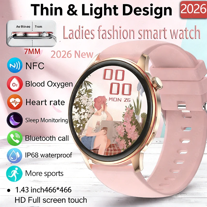 

Ультратонкие умные часы для женщин, 466*466 AMOLED, 1,43-дюймовый HD-экран, всегда отображают время, Bluetooth-вызовы, IP68, водонепроницаемые, спортивные умные часы