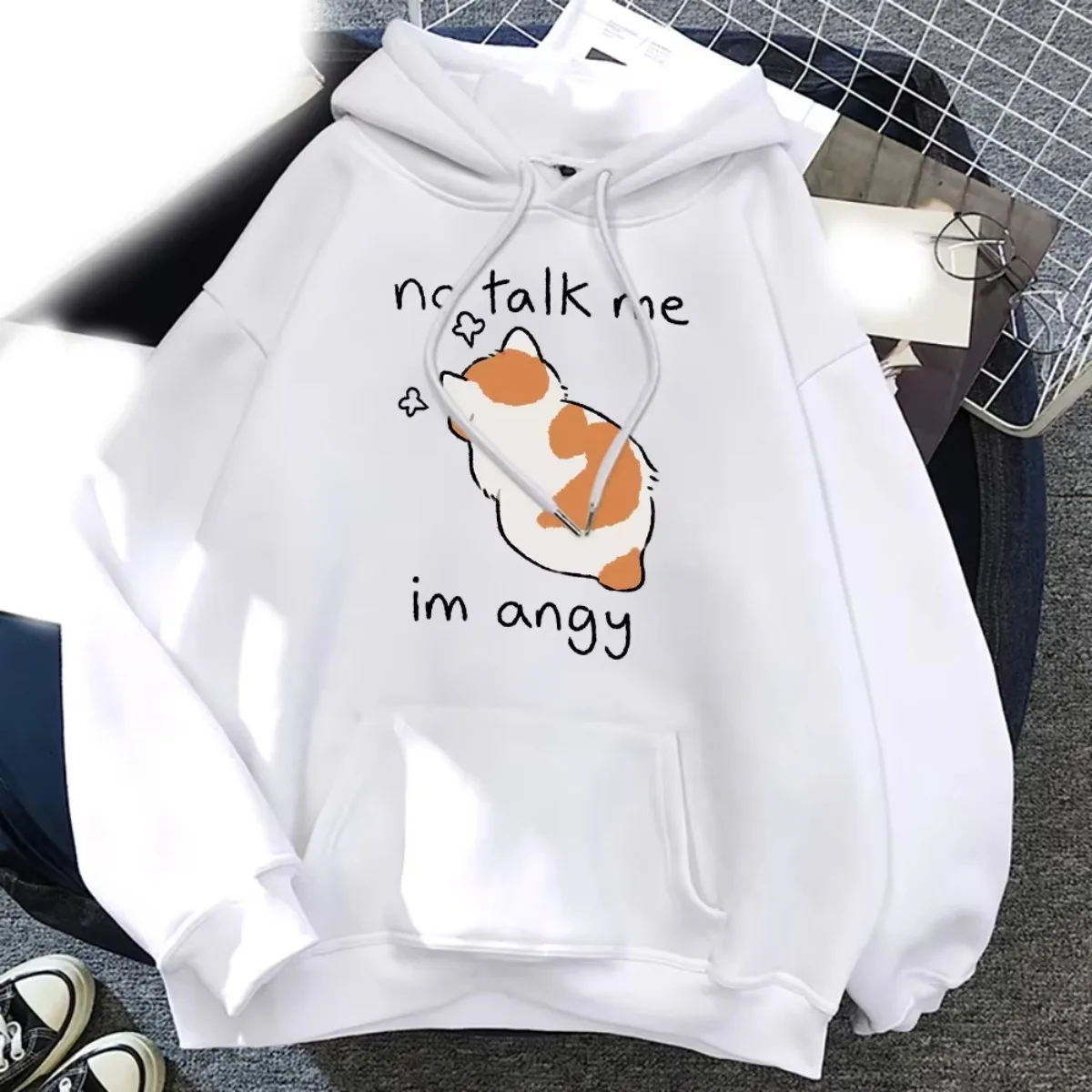 Funny Cartoon Hoodies No Talk Me Cute Angry Cat Printed Women 's Sweatshirts Fashion Hooded Pullovers Unisex Hoodie Clothing Top