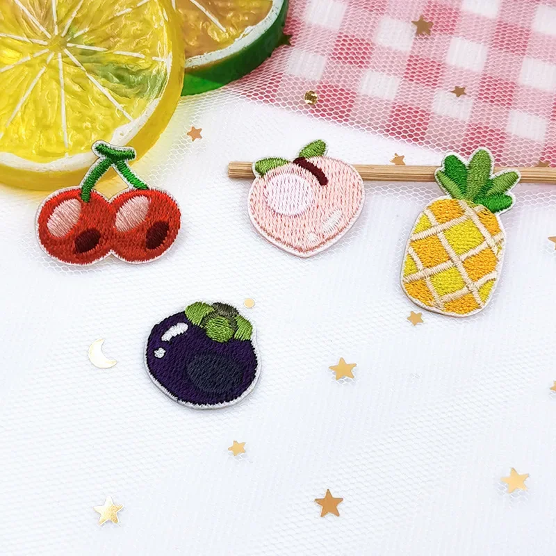 Cartoon Fruit Embroidery Patches Stick-on Mini Cloth Appliques Coconut Cherry Lemon Self-adhesive Stickers for Baby Clothing DIY