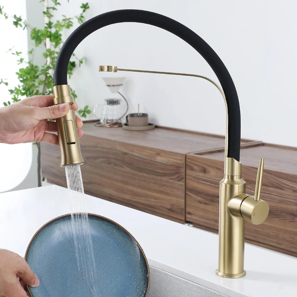 اللون الذهبي، 304 خلاط المطبخ الفولاذ المقاوم للصدأ بالوعة الحنفية، الماء البارد والساخن، نموذجين المياه خارج، مقبض واحد فتحتين