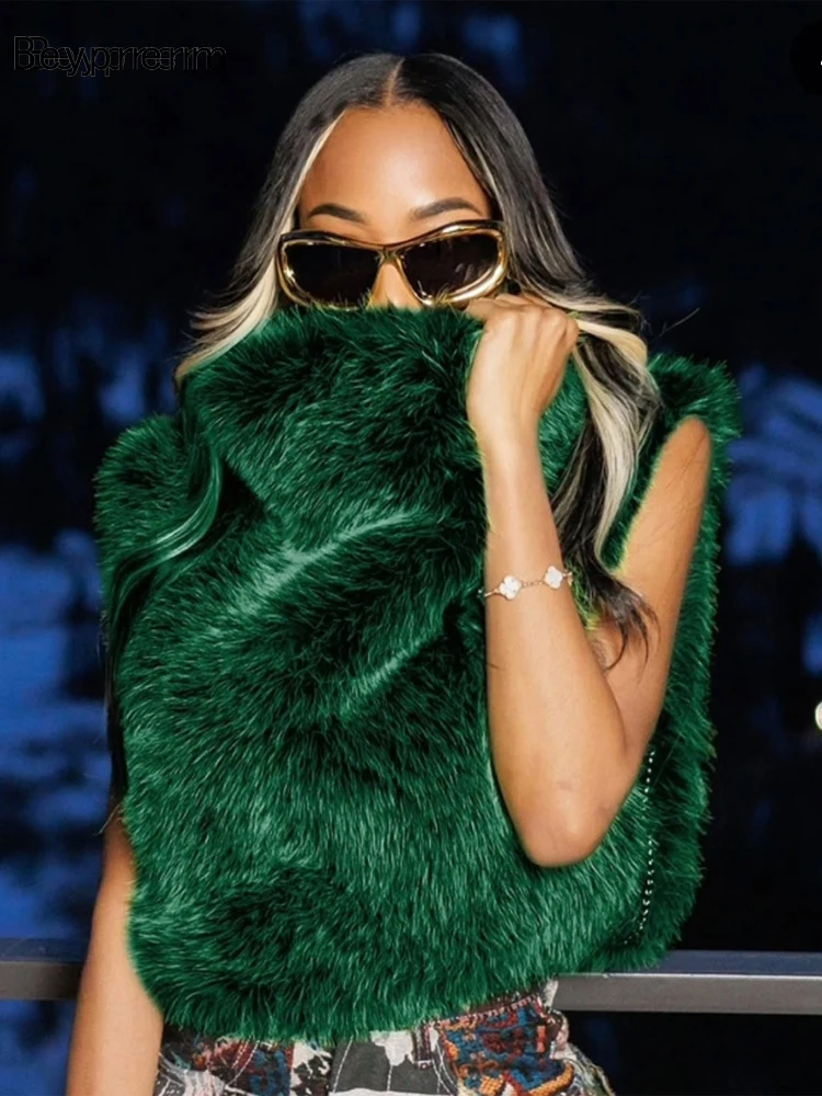 Beyprern Sexy Green Faux Fur Sleeveless Vest for Women High Neck Warm Crop Top with Chain Detail Fashion Outerwear