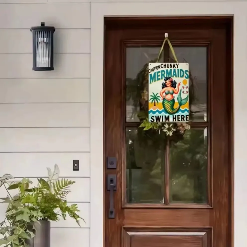 1PC "Caution Chunky Mermaids" Vintage Metal Wall Art | 2D Humorous Beach Scene with Palm Tree & Sun Design for Pool, Bathroom,