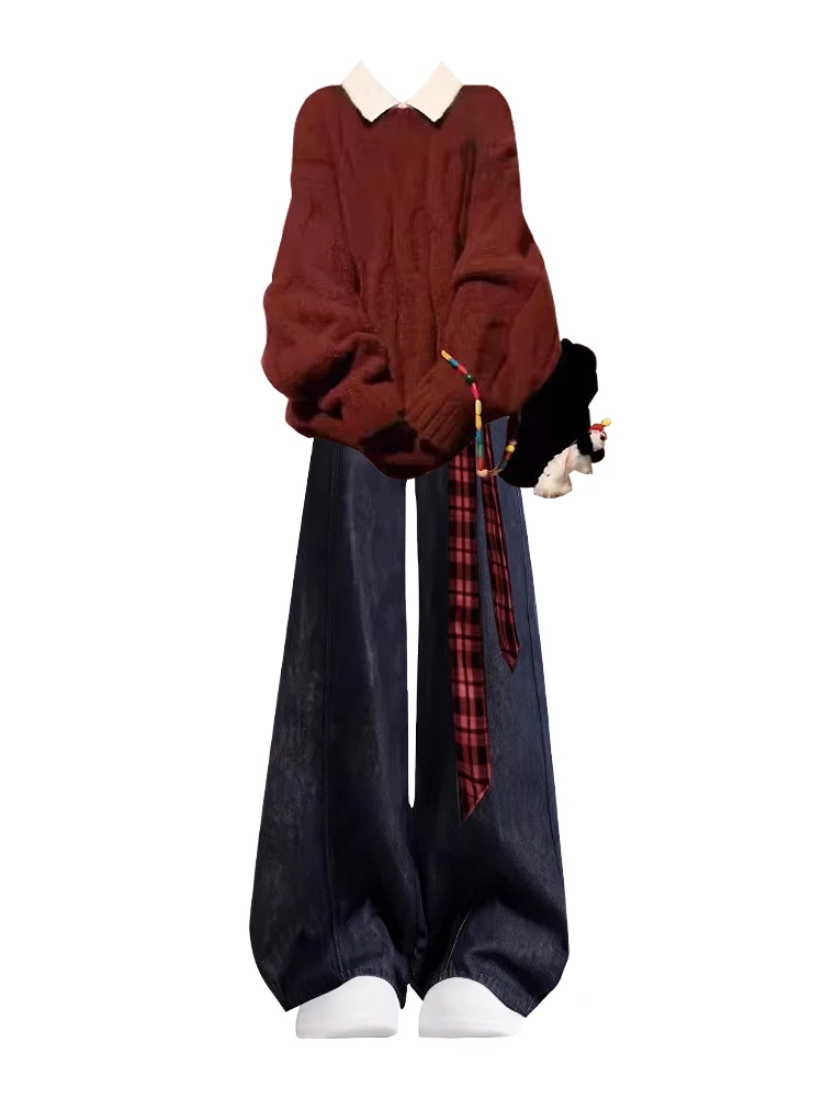 Rode trui hoge taille wijde pijpen jeans kleur blo gordel winter faion set tee stuk dames college sle nieuwjaar outfit
