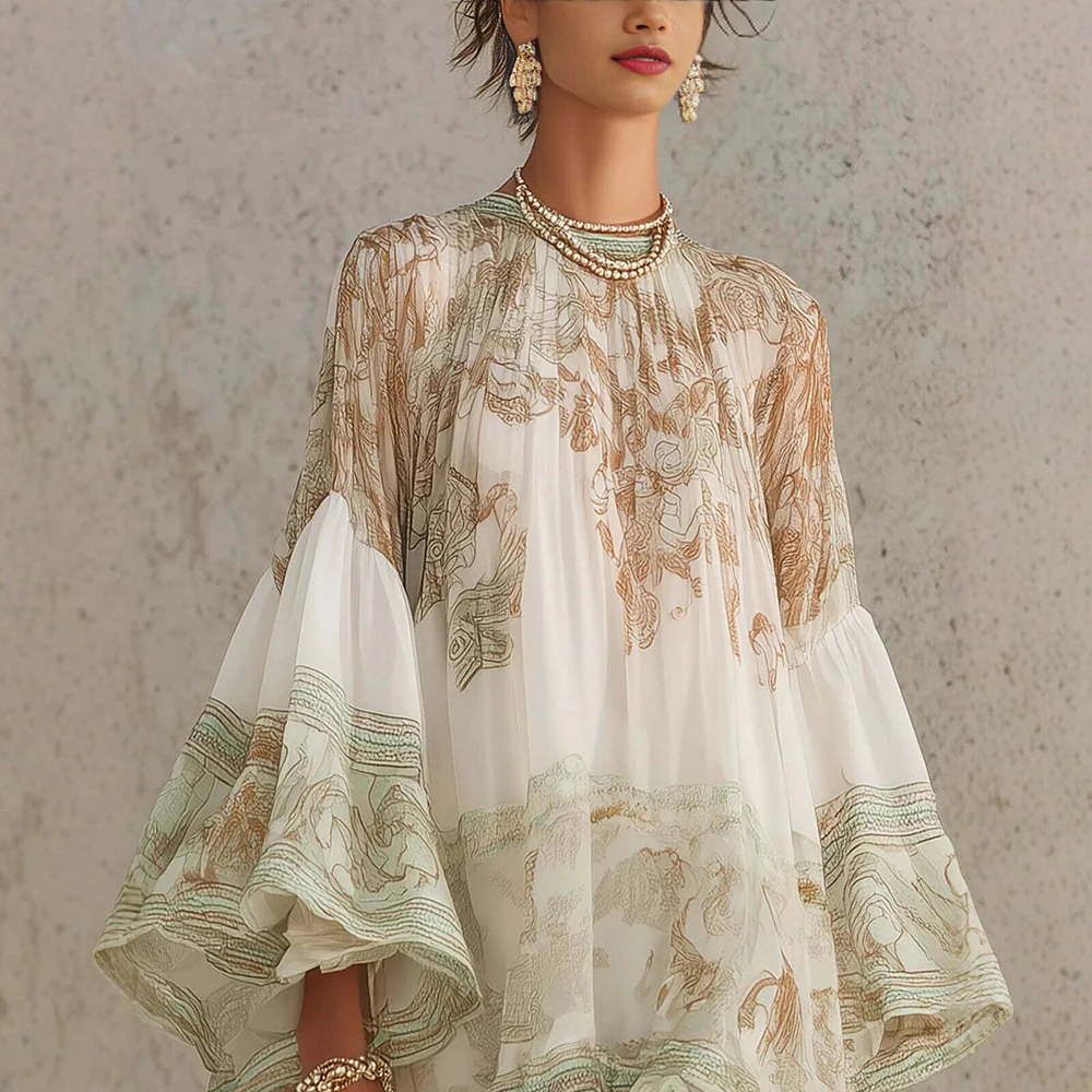 Damen Vintage Blumenmuster Rüschenbesatz Minikleid Elegante Trompetenärmel Rundhals Locker Boho Strand Sommer Unregelmäßiger Saum Vestidos