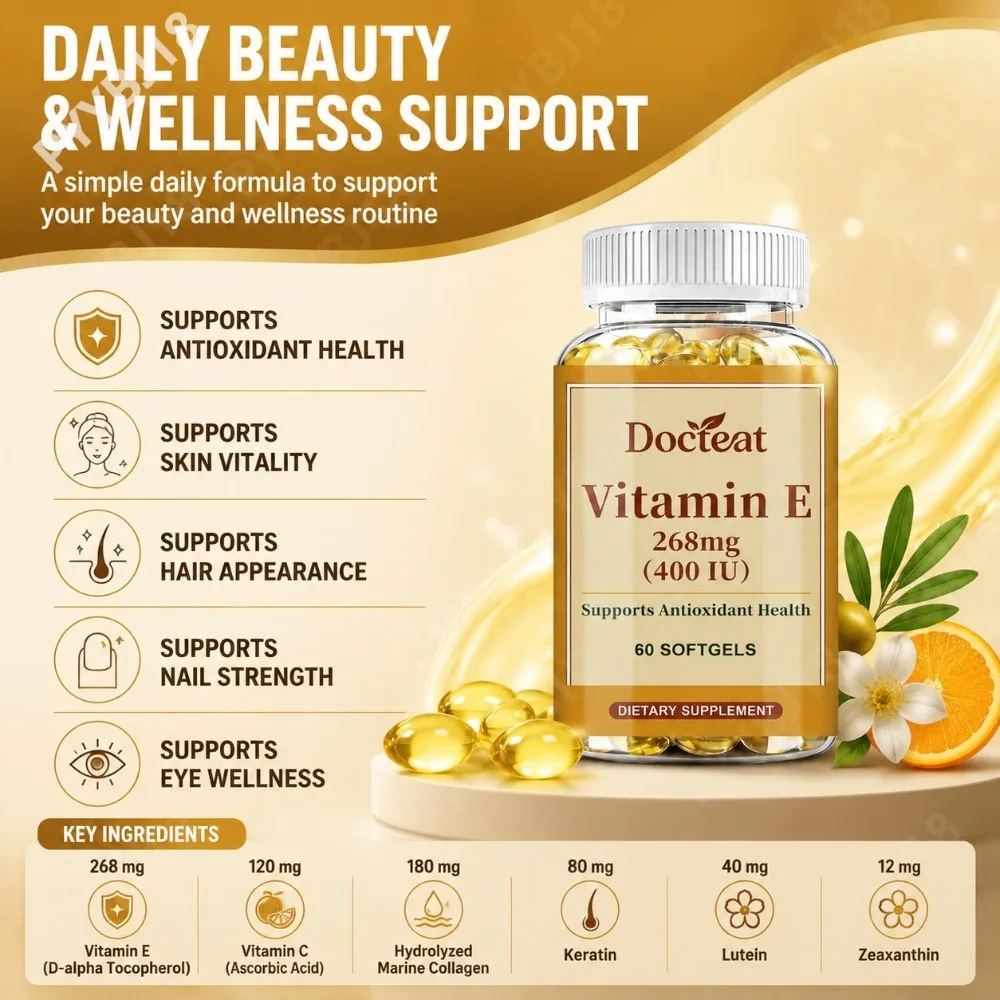 Vitamin E 268mg Softgels Protect Eyes Relieve Screen Fatigue Antioxidant Enhance Skin Nails Hair Health with Keratin Lutein 60Ct