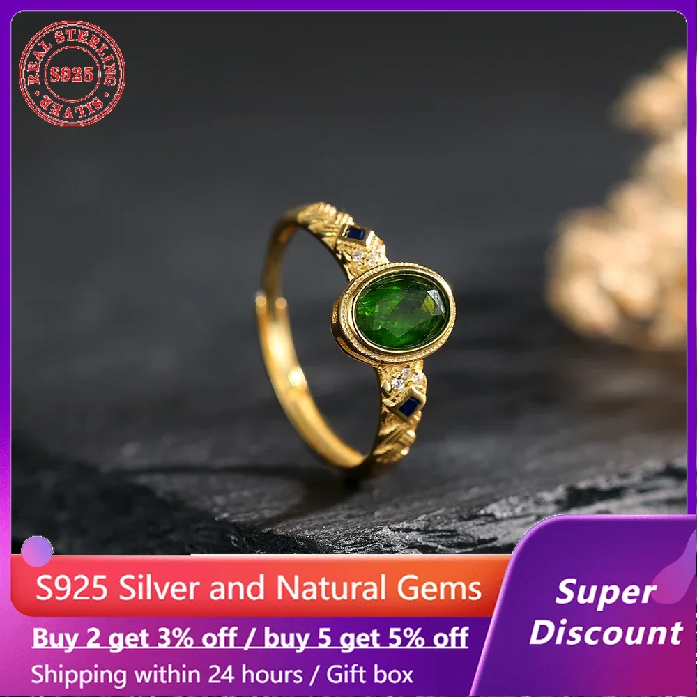 

18k gold plated ring paired with natural crystal diopside women's ring 925 sterling silver wedding high-end jewelry accessories