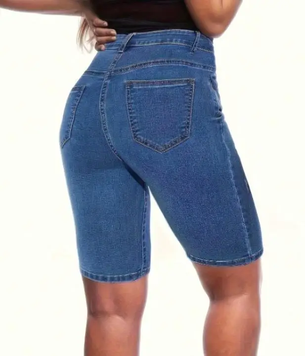 

Summer New Casual Simple Trend Daily Versatile Solid Color High Waisted Women's Tight Five Quarter Pants Denim Shorts