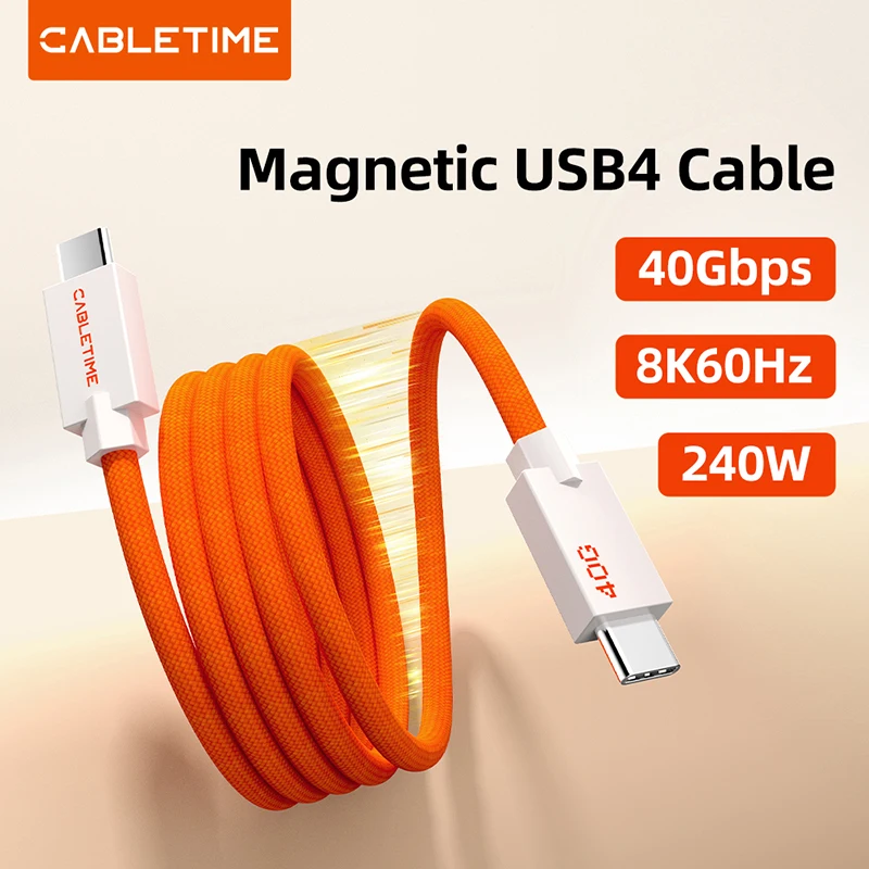 

Кабель CABLETIME USB-C USB4 40 Гбит/с 8K 240 Вт, магнитный кабель для ноутбуков, Macbook, iPad, быстрая зарядка для iPhone 17/16, магнитный