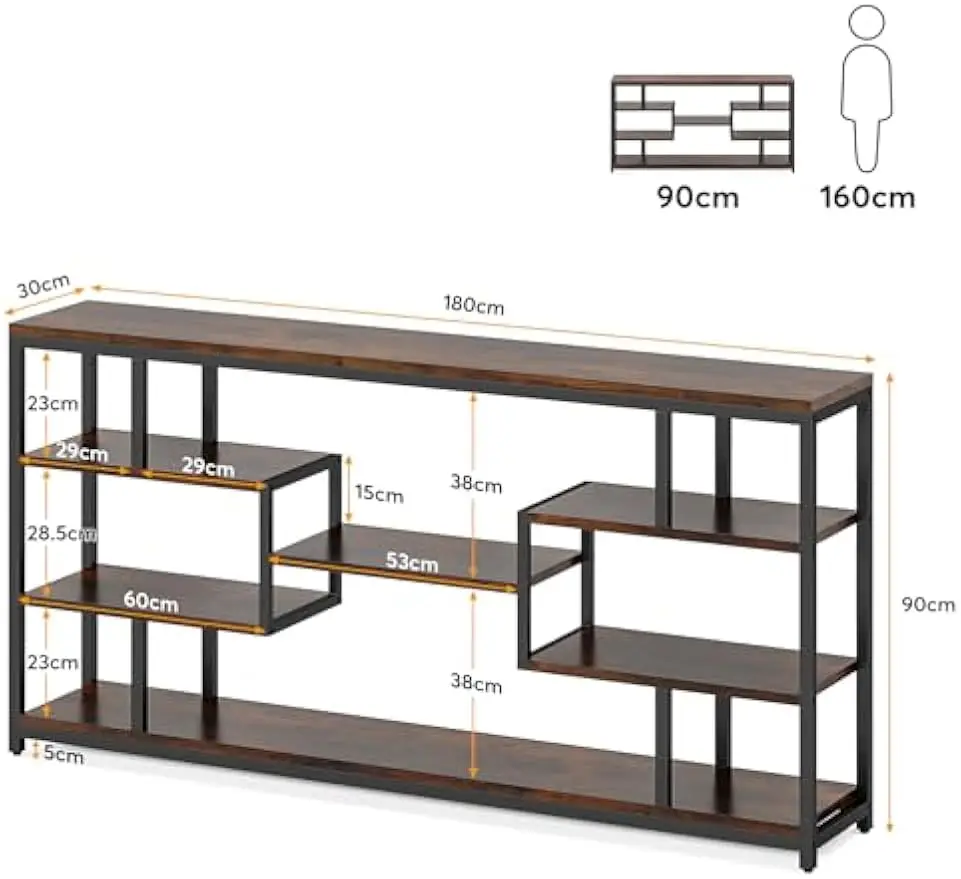 Tables Console pour Salon, Canapé Long Étroit à 5 Niveaux avec Étagères de Rangement Ouvertes, Tables d'Entrée Rustiques avec Met, 70.87"