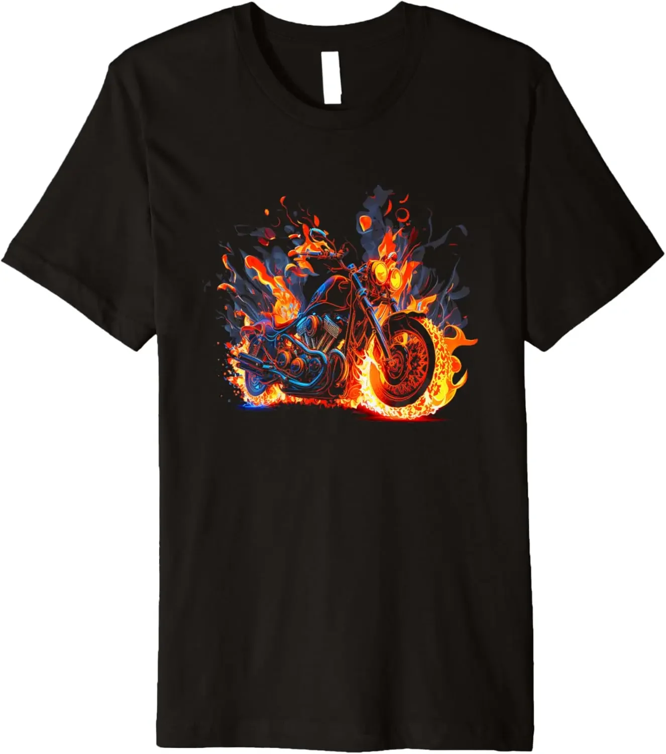 

Flaming Motorcycle Biker Graphic Tee Men's Premium Cotton Breathable Crew Neck T-Shirt