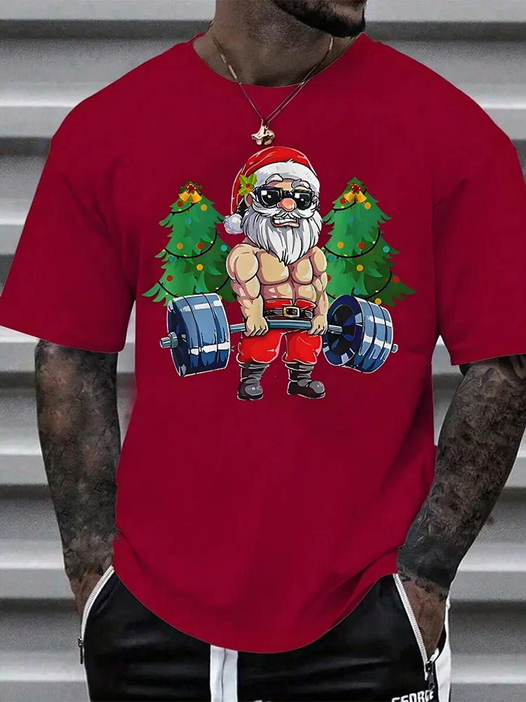 Santa Fitness Printed Men's T-shirt Fitness Sports Men's Short Sleeve Top Daily Running Workout Men's Crew Neck T-shirt