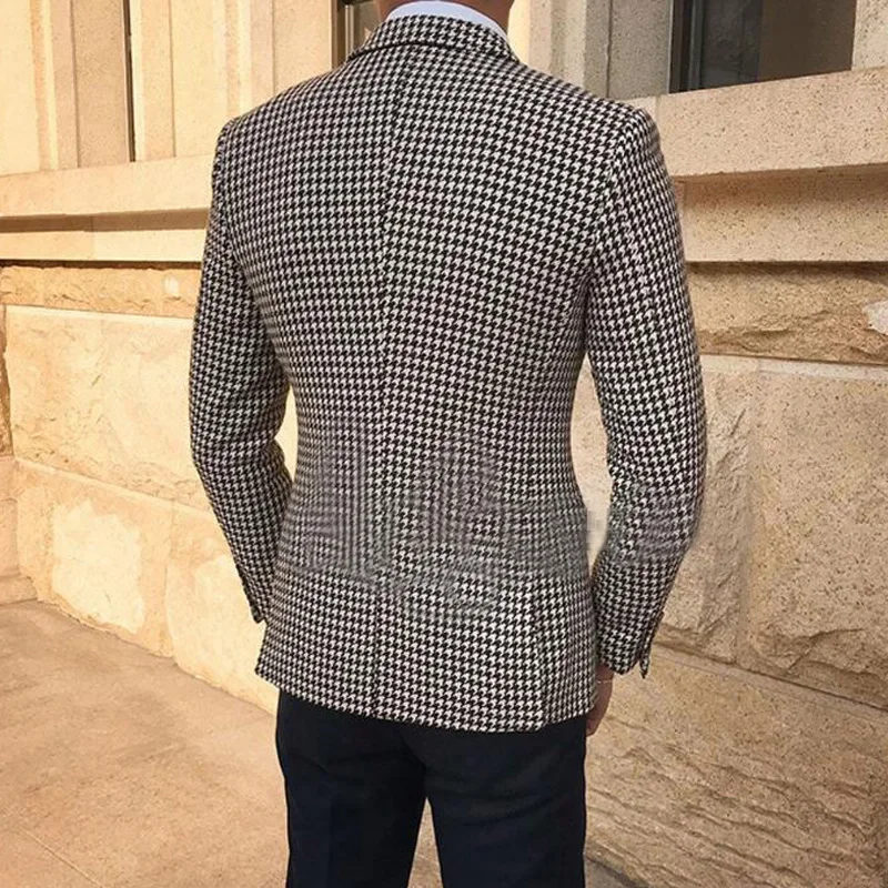 Houndstooth Plaid Casual Blazer for Men One Piece Suit Jacket with 2 Side Slit Slim Fit Male Coat Fashion 2024 In Stock