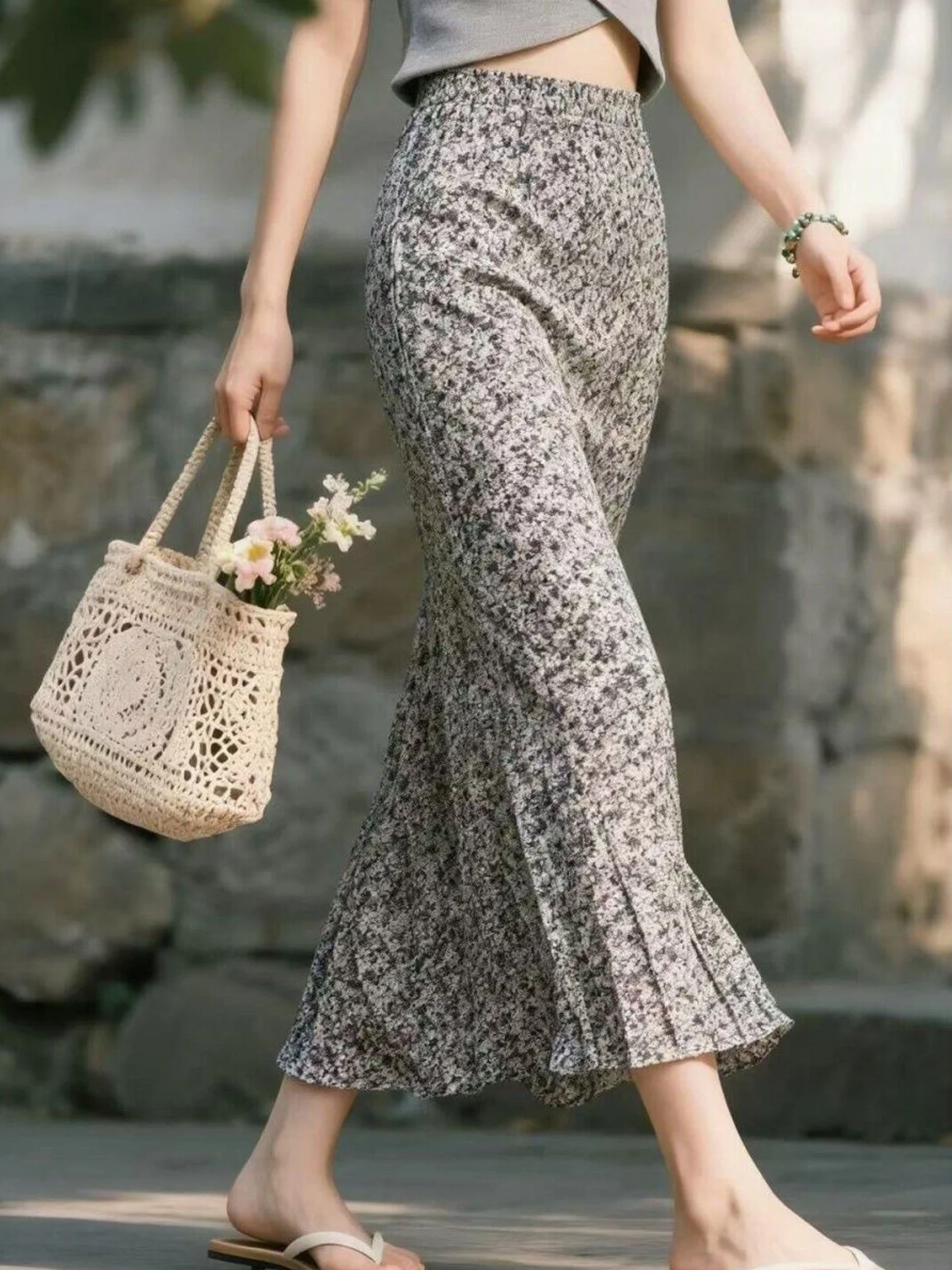 

Elegant High Waist Midi Floral Print Skirt Women's Casual Summer New Style Slimming Long Skirt Korean Style A-Line Skirt