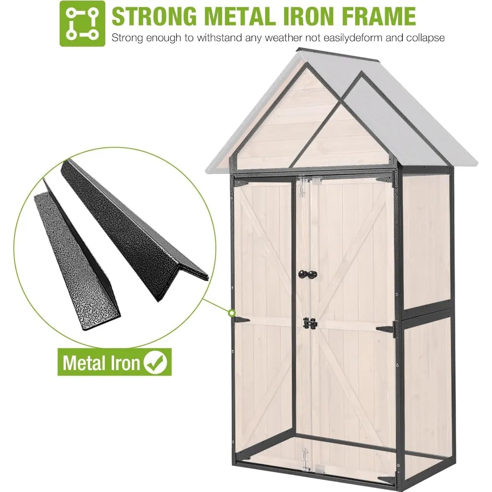 سقيفة تخزين خارجية، سقيفة أدوات حديقة خشبية مع إطار معدني، سقف منحدر وأرفف قابلة للتعديل مكونة من 3 طبقات، مخزن خارجي